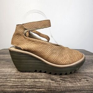 FLY LONDON Perforated‎ Wedge Sandals Tan Leather Hook and Loop Size 7.5